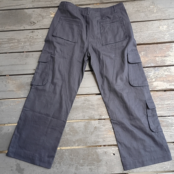 Black Wide Leg Cargo Mid-weight Denim Drawstring Snap Buttons Pants 9 Pockets - Picture 2 of 5